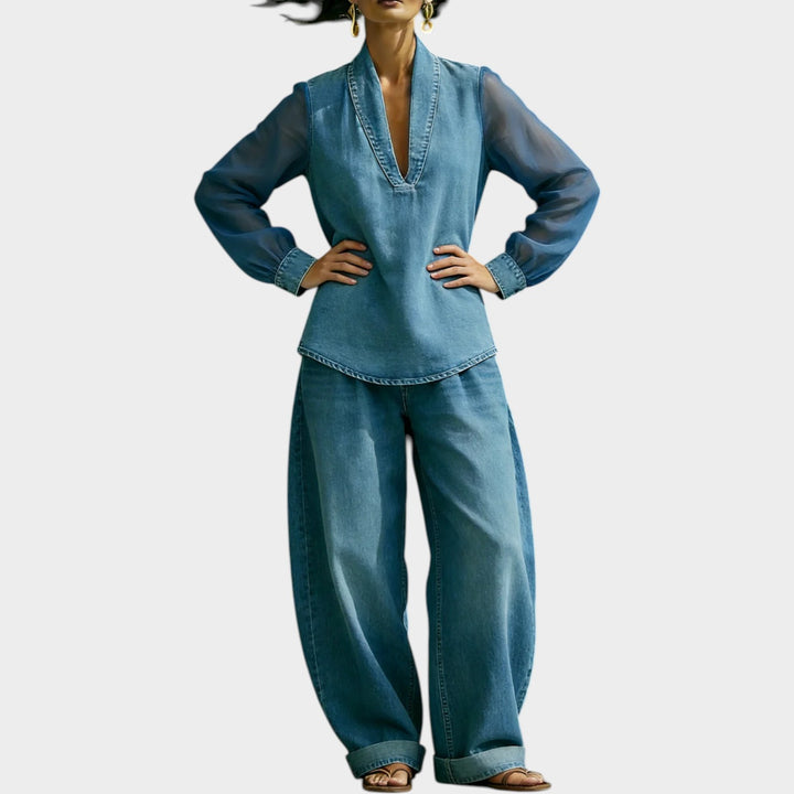 Minimalist V-Neck Two-Piece Set with Mesh Sleeves