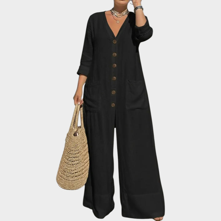 Relaxed Button-Front Wide-Leg Jumpsuit