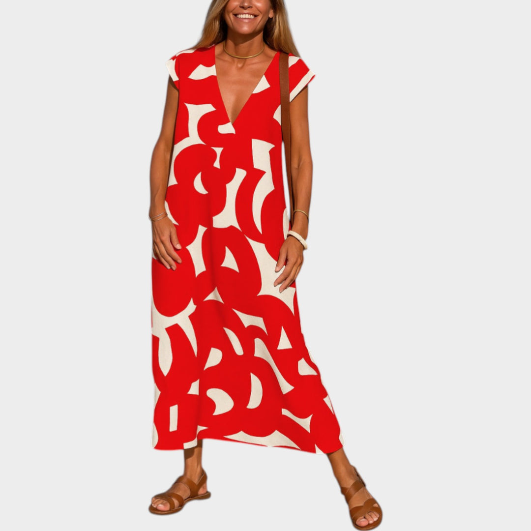 Abstract Print V-Neck Midi Dress