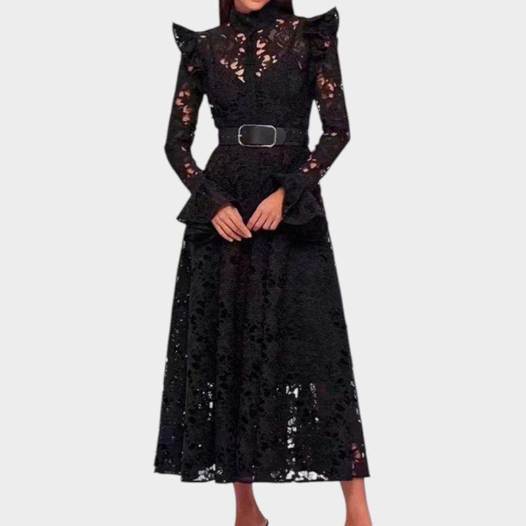 High Neck Belted Lace Midi Dress