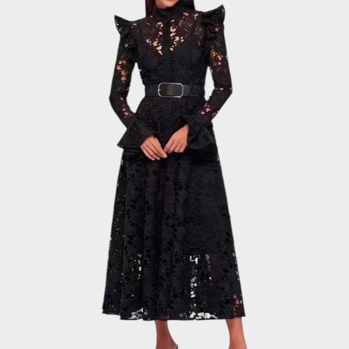 High Neck Belted Lace Midi Dress