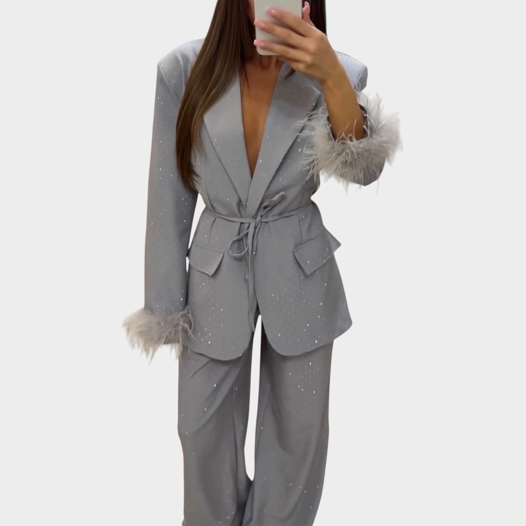 Glam Feather-Trim Suit Set