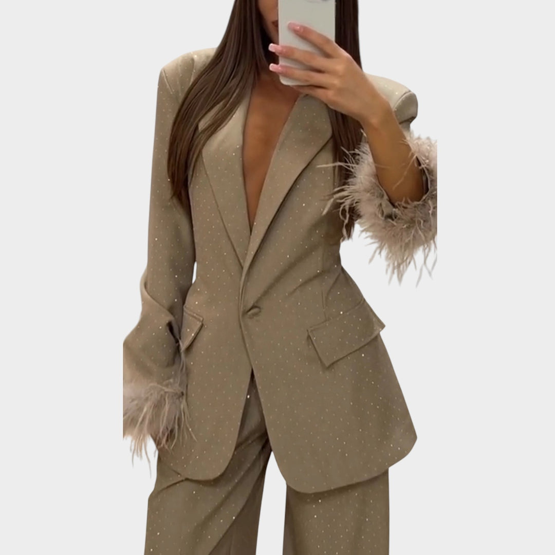 Glam Feather-Trim Suit Set