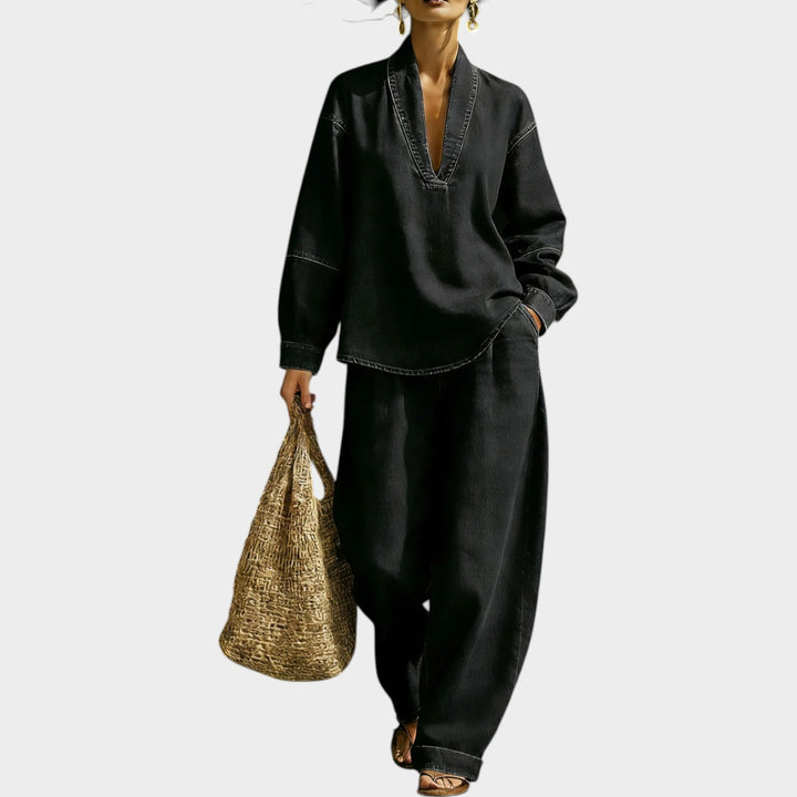 Minimalist V-Neck Two-Piece Set with Mesh Sleeves