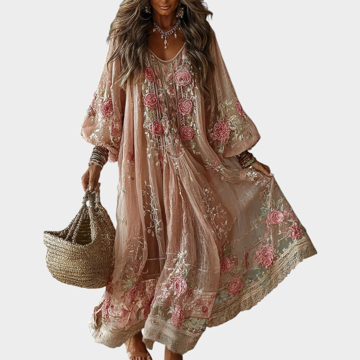 Bohemian Embroidered Maxi Dress with Sheer Overlay