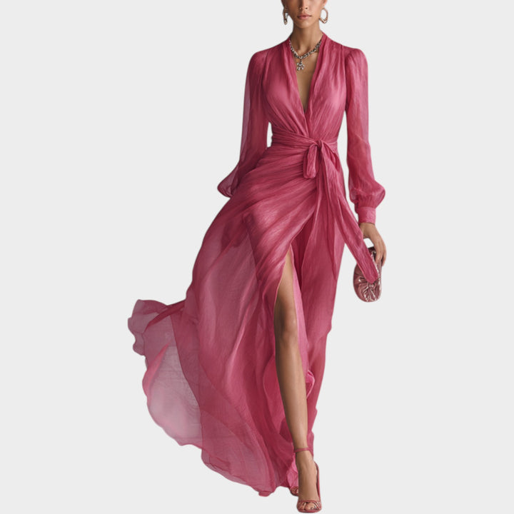 Flowy Wrap Long‑Sleeve Maxi Dress