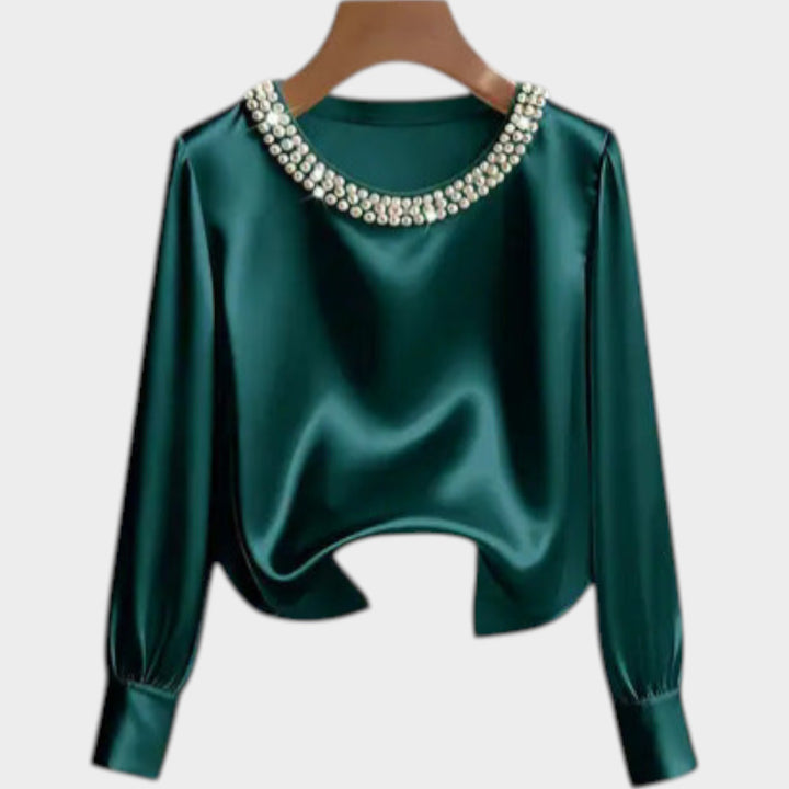 Satin Pearl-Trim Blouse