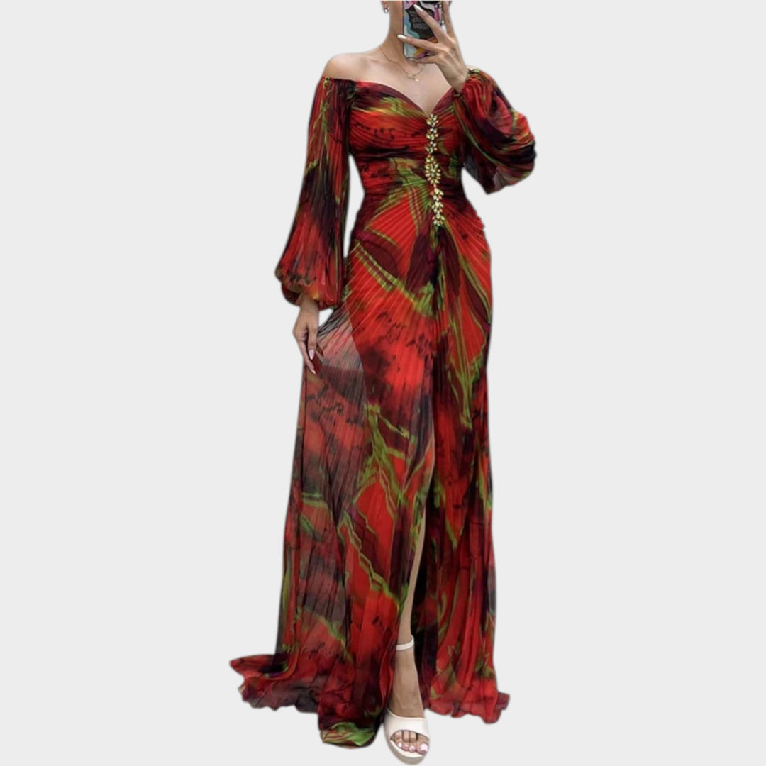 Ruched Long-Sleeve Split Maxi Dress