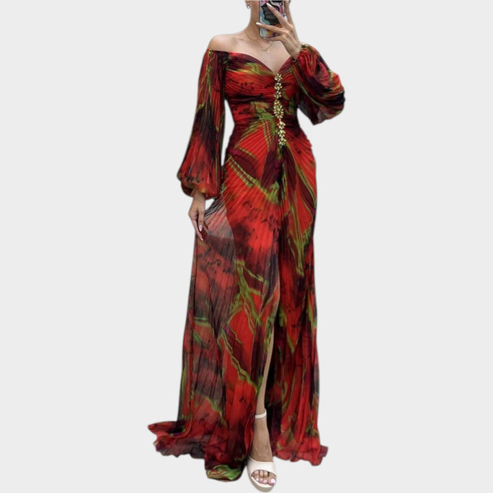 Ruched Long-Sleeve Split Maxi Dress