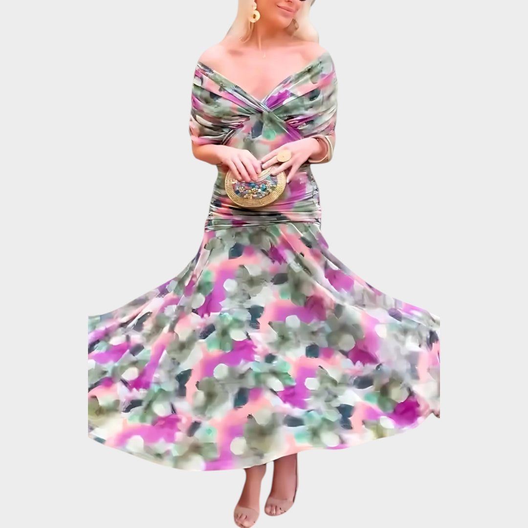 Off-Shoulder Ruched Midi Dress