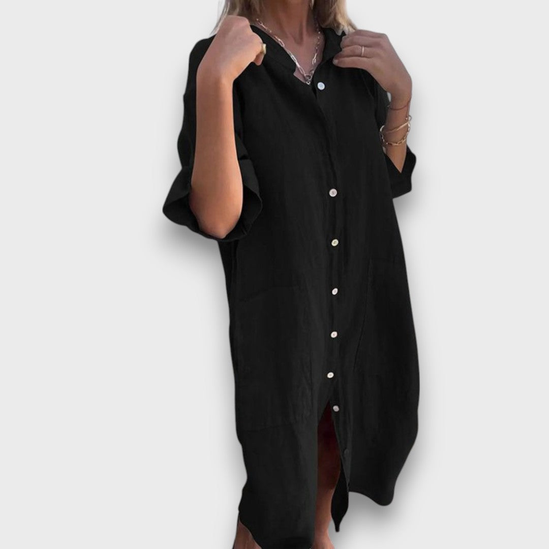 Linen Button-Up Dress with Pockets