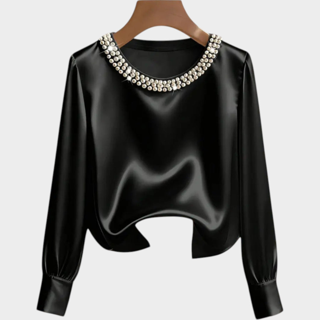 Satin Pearl-Trim Blouse