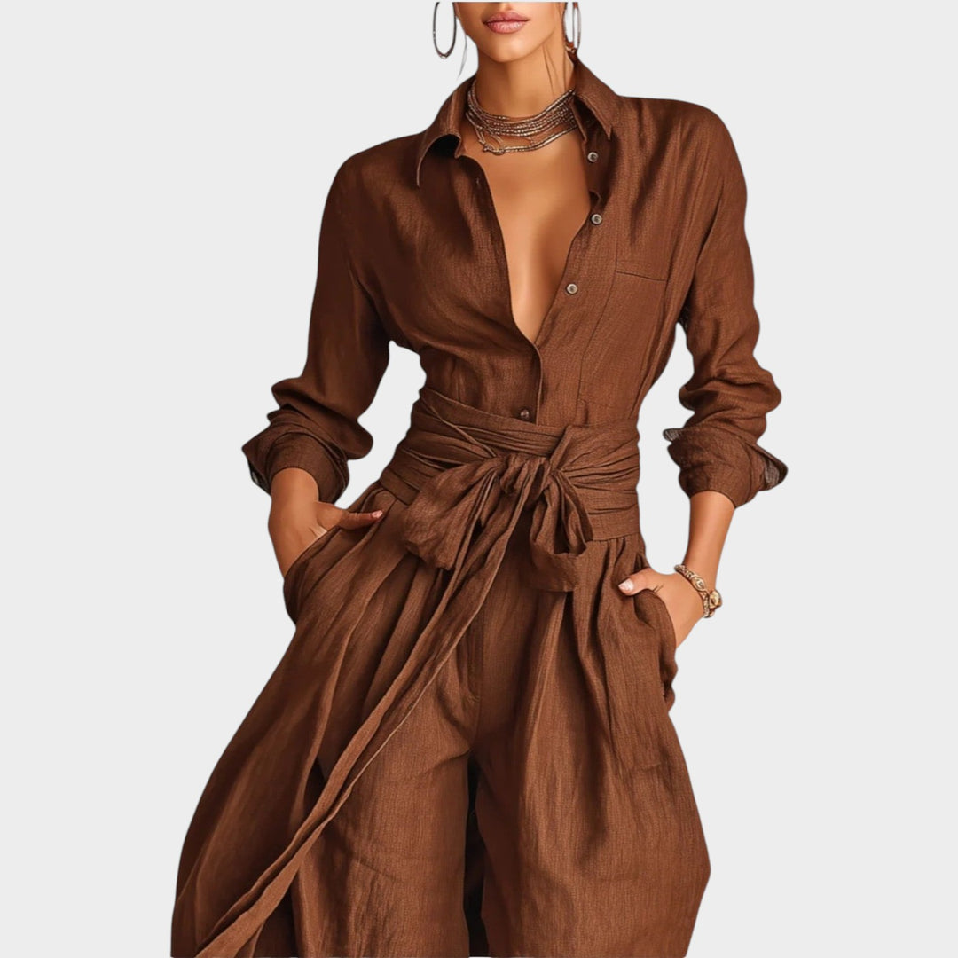 Belted Wide-Leg Shirt Jumpsuit