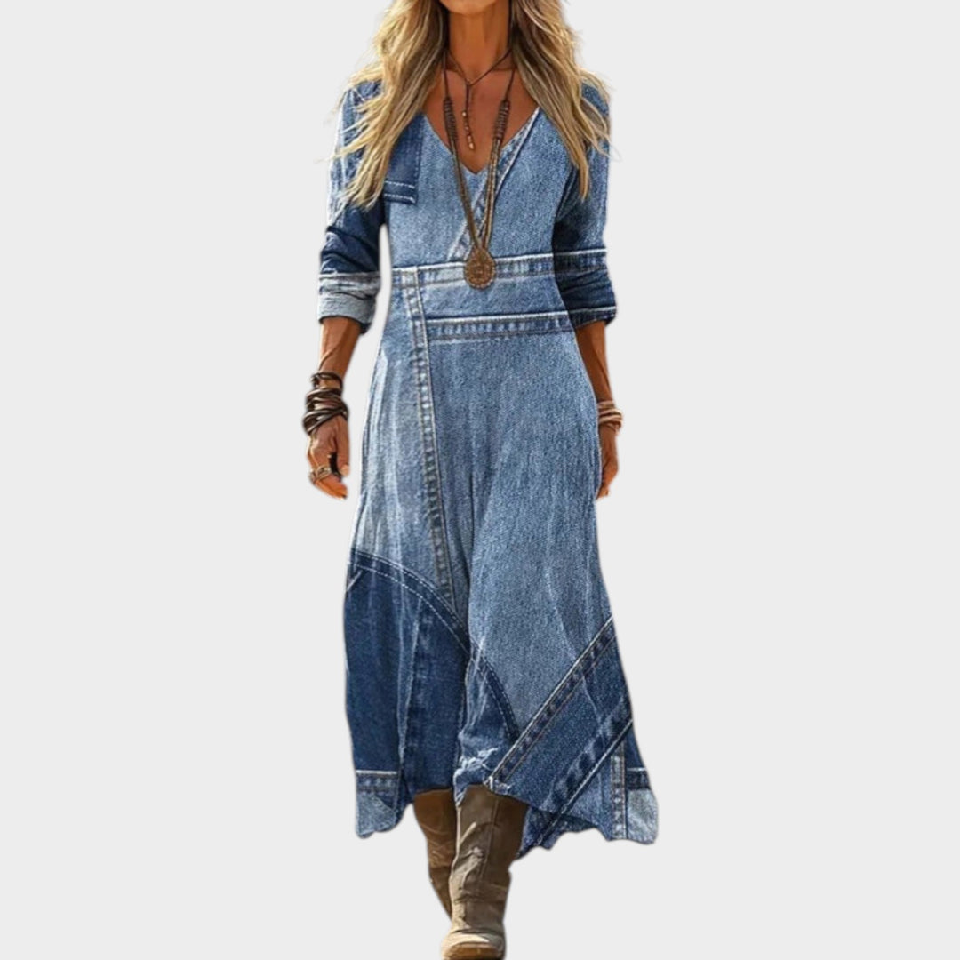 Denim Patchwork Boho Maxi Dress