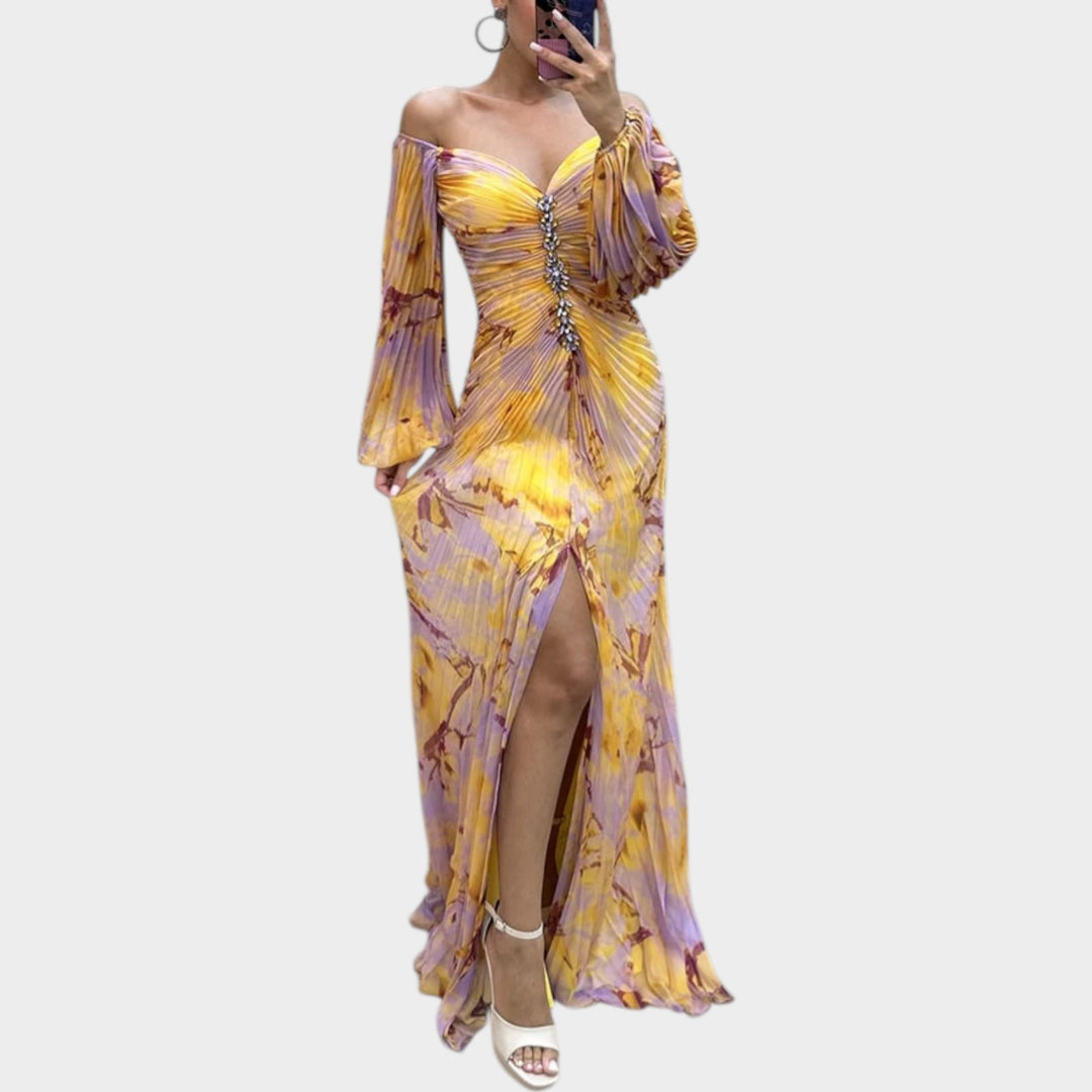 Ruched Long-Sleeve Split Maxi Dress