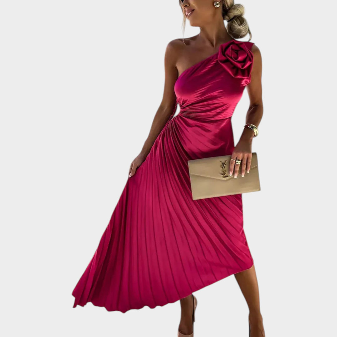 One-Shoulder Pleated Satin Dress