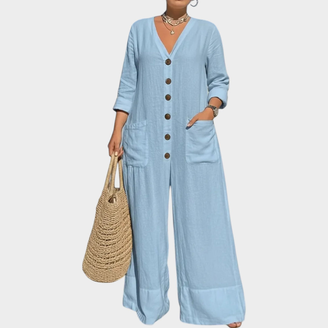 Relaxed Button-Front Wide-Leg Jumpsuit
