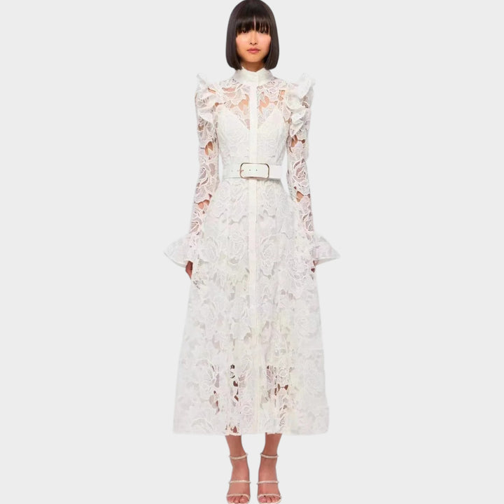 High Neck Belted Lace Midi Dress