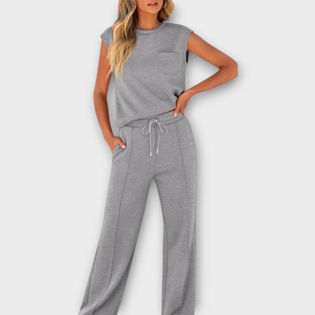 Sleeveless Blouse and Pants Set with Drawstring
