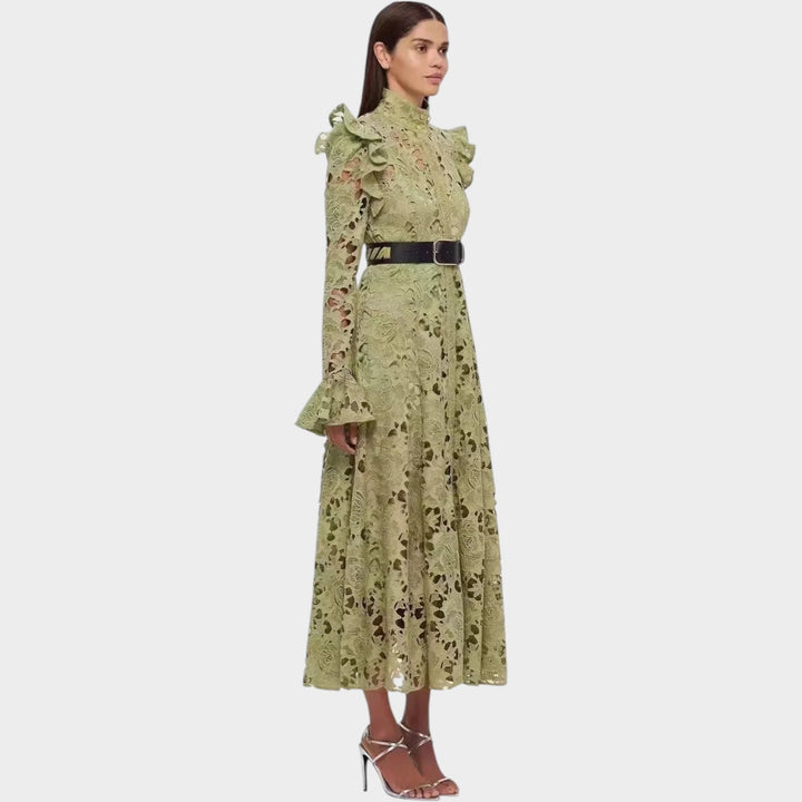 High Neck Belted Lace Midi Dress