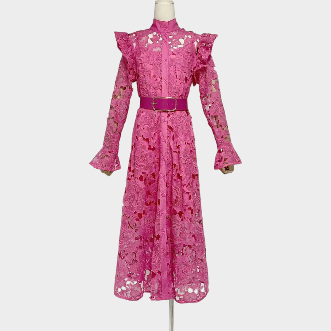 High Neck Belted Lace Midi Dress