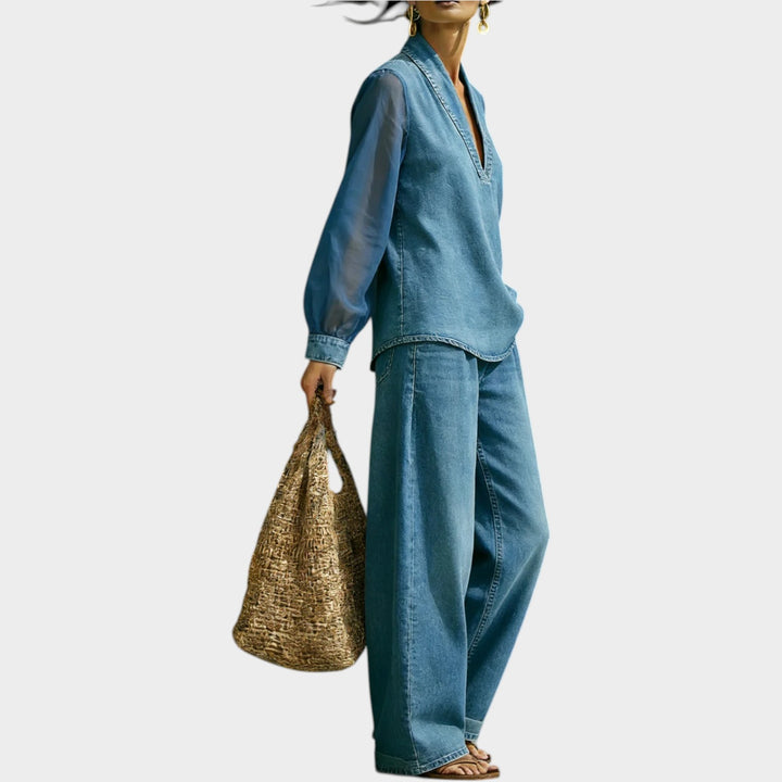 Minimalist V-Neck Two-Piece Set with Mesh Sleeves