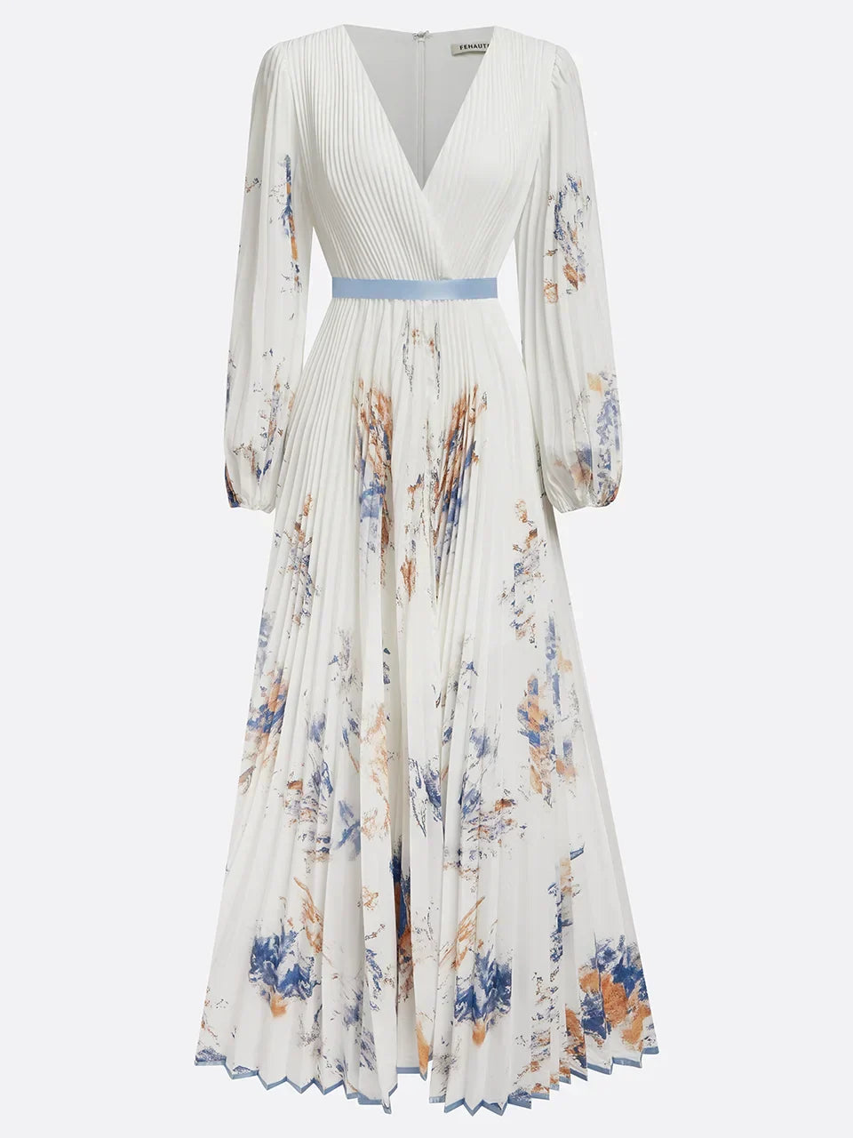 Long Dress with Puff Sleeves and V-Neck