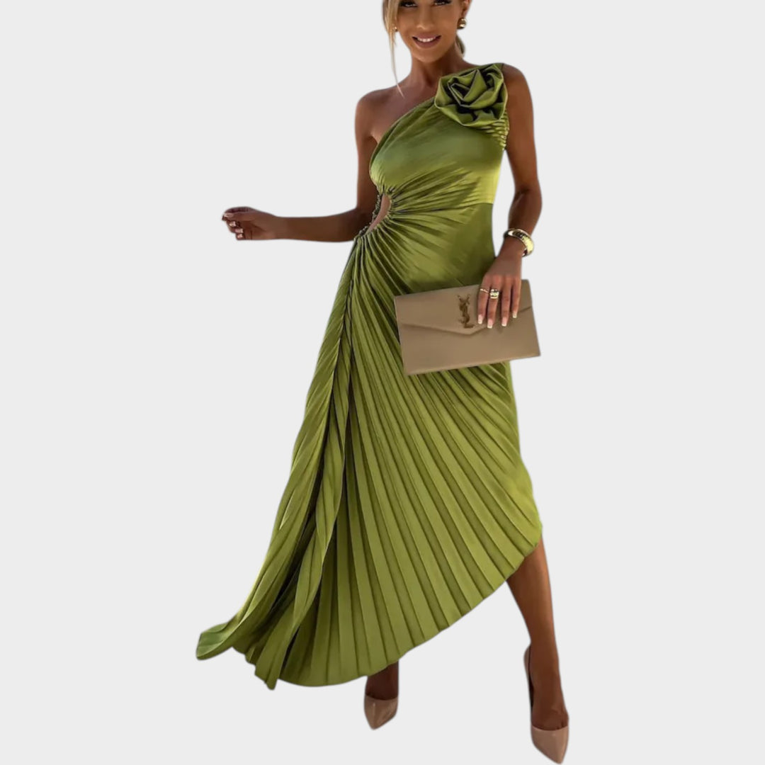 One-Shoulder Pleated Satin Dress
