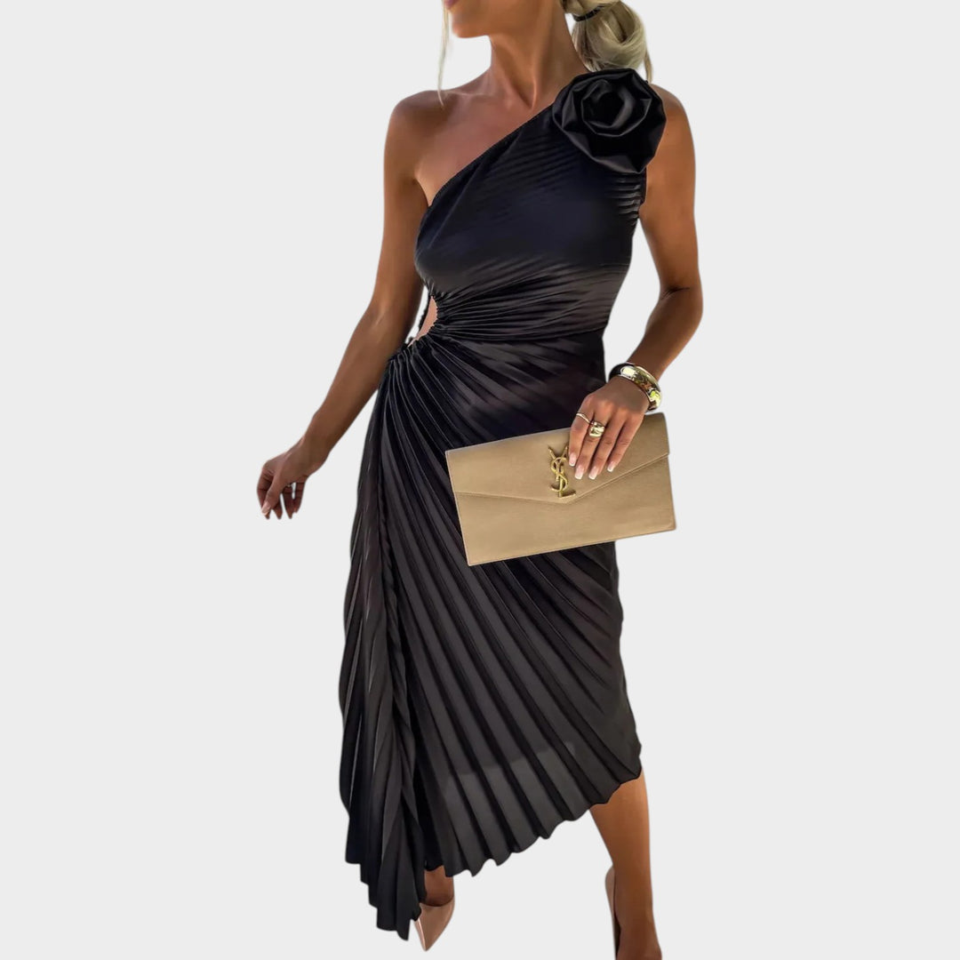 One-Shoulder Pleated Satin Dress