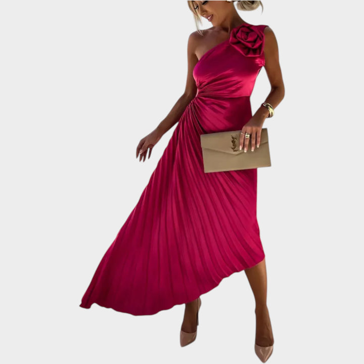 One-Shoulder Pleated Satin Dress
