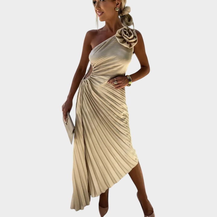 One-Shoulder Pleated Satin Dress