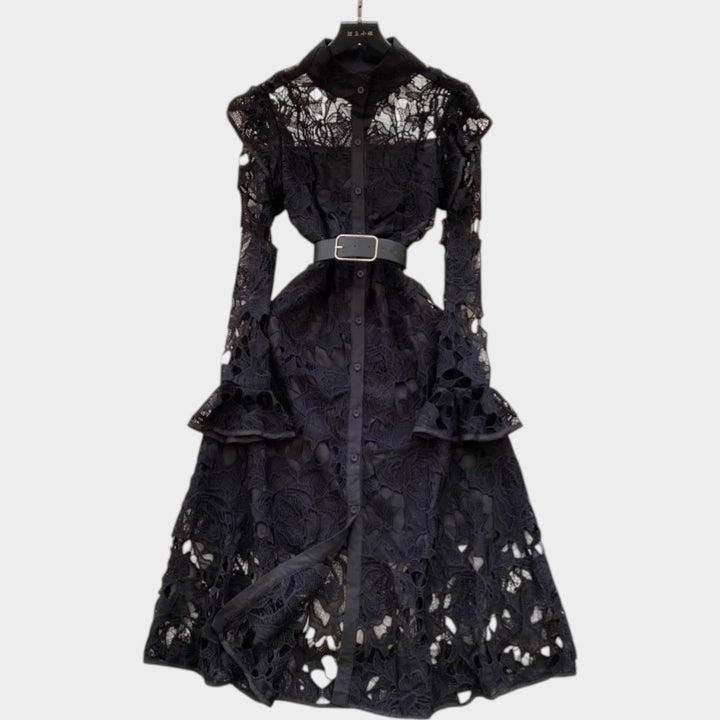 Belted Floral Lace Midi Dress