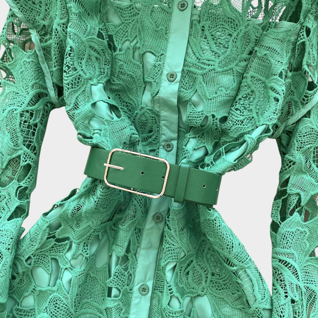 Belted Floral Lace Midi Dress