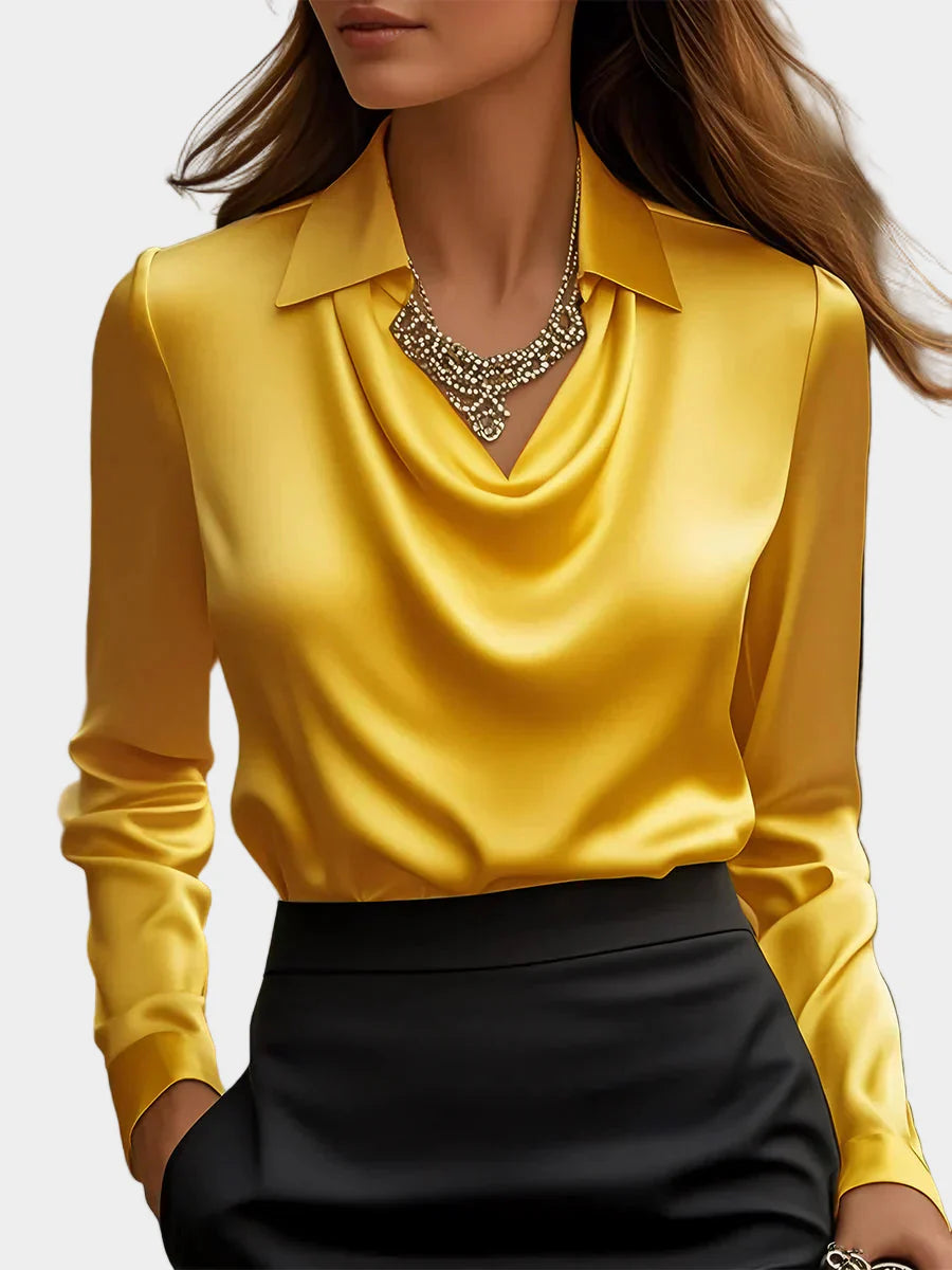 Elegant White Satin Blouse with Draped Neckline
