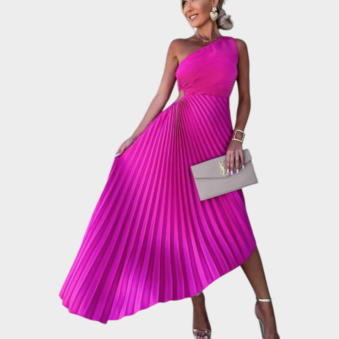 One-Shoulder Pleated Midi Dress