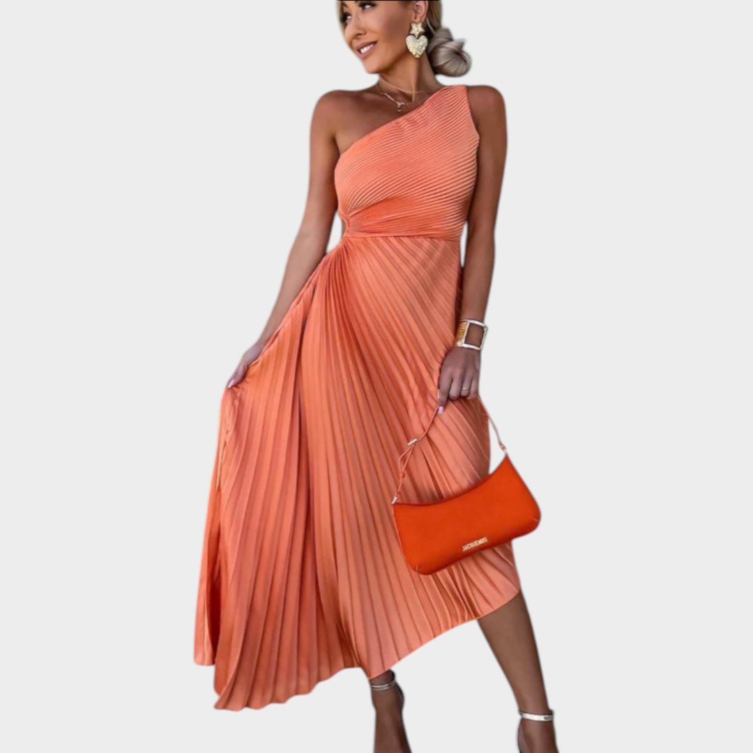 One-Shoulder Pleated Midi Dress