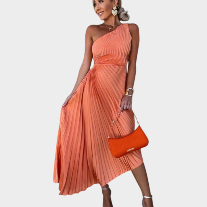One-Shoulder Pleated Midi Dress