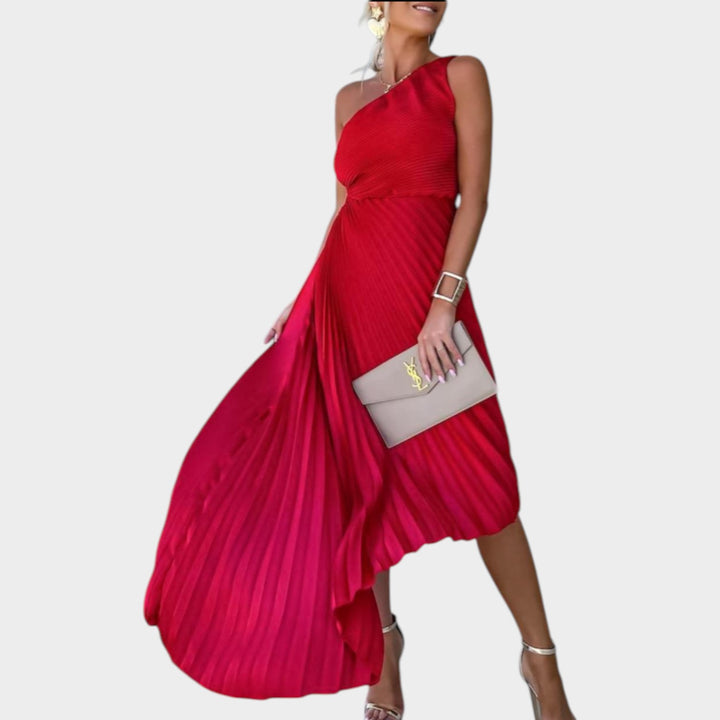 One-Shoulder Pleated Midi Dress