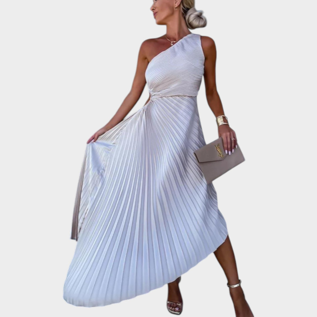One-Shoulder Pleated Midi Dress