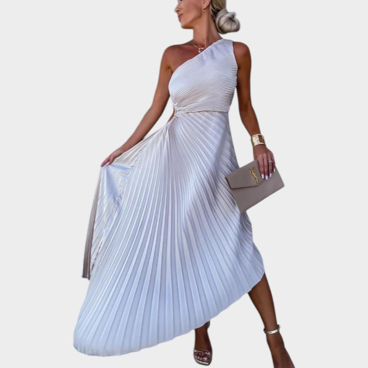 One-Shoulder Pleated Midi Dress