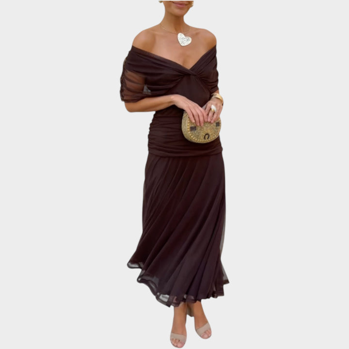 Off-Shoulder Ruched Midi Dress