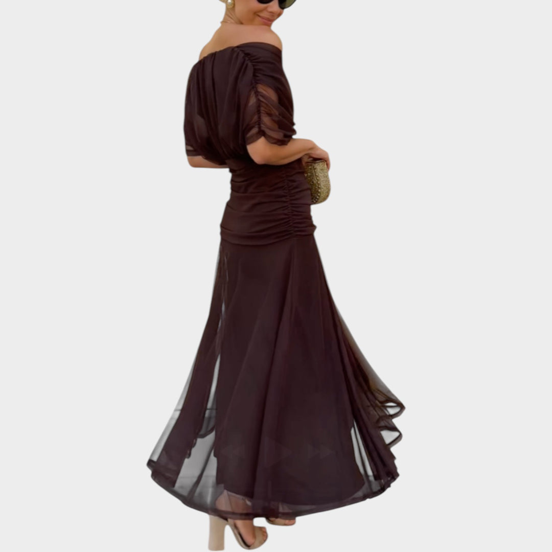 Off-Shoulder Ruched Midi Dress