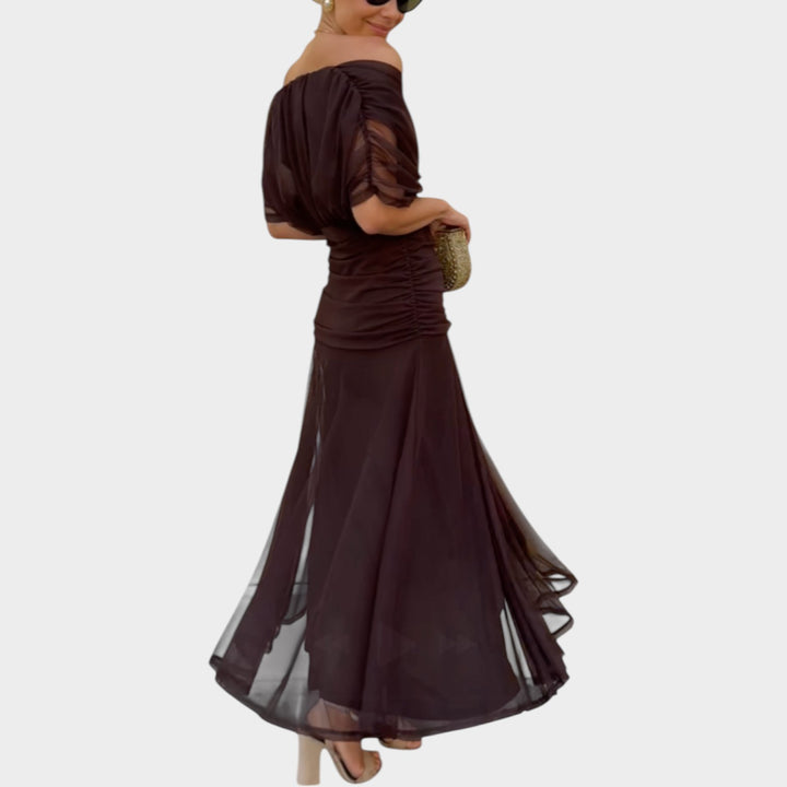 Off-Shoulder Ruched Midi Dress