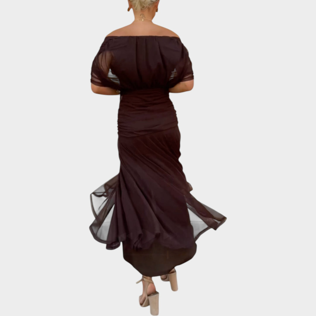 Off-Shoulder Ruched Midi Dress