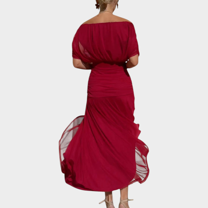 Off-Shoulder Ruched Midi Dress