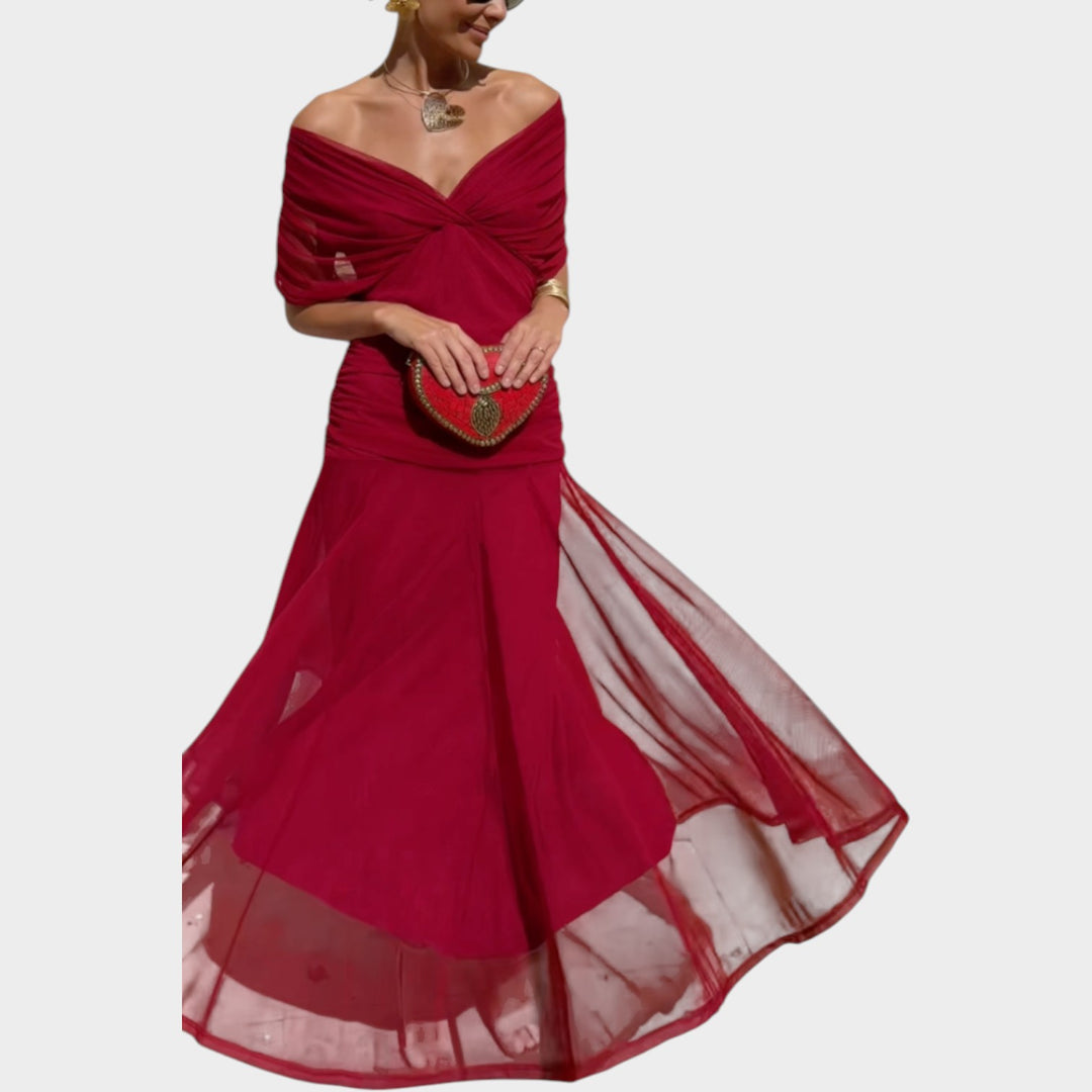 Off-Shoulder Ruched Midi Dress