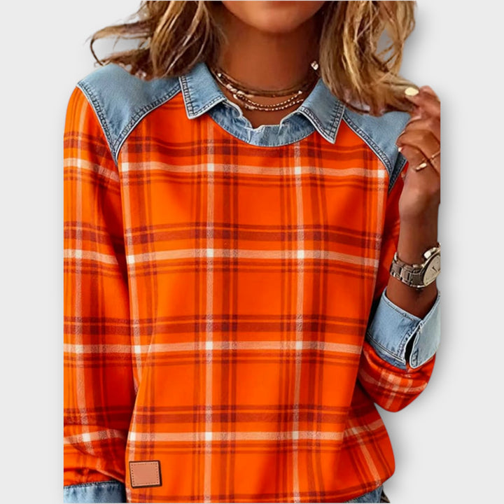 Plaid Denim-Trim Casual Top