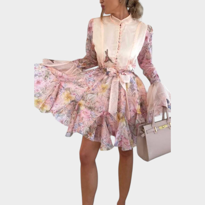 Floral Ruffled Long-Sleeve Mini Dress