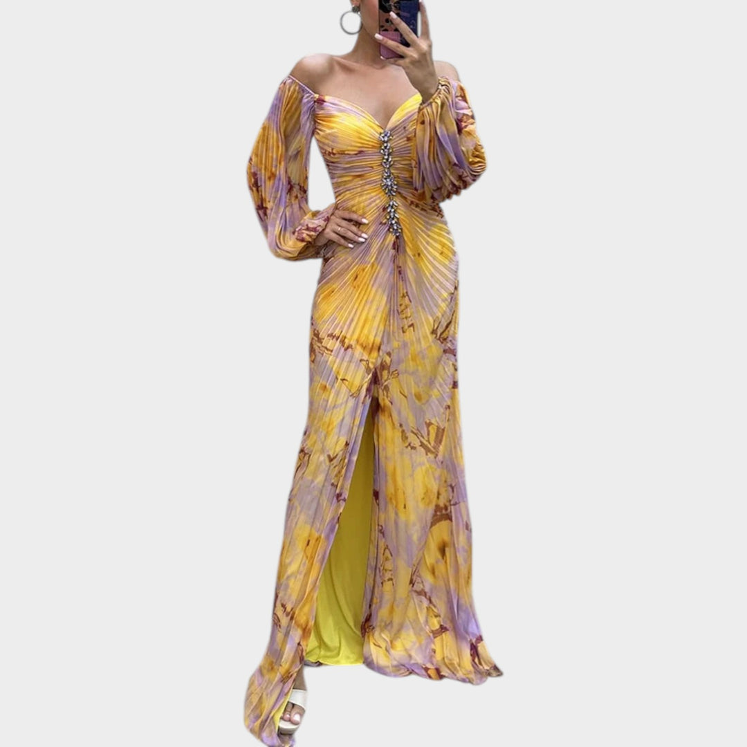 Ruched Long-Sleeve Split Maxi Dress