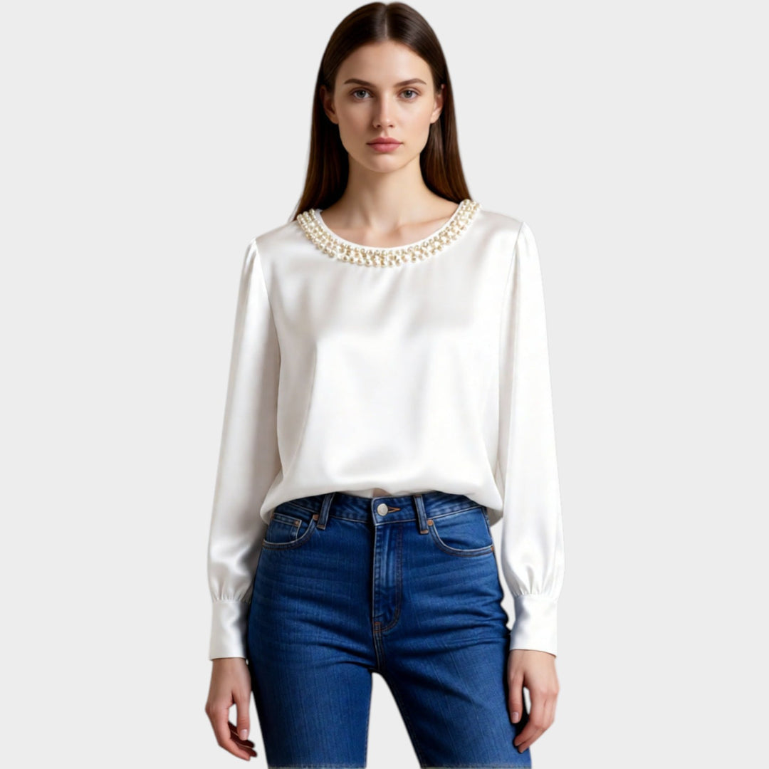 Satin Pearl-Trim Blouse